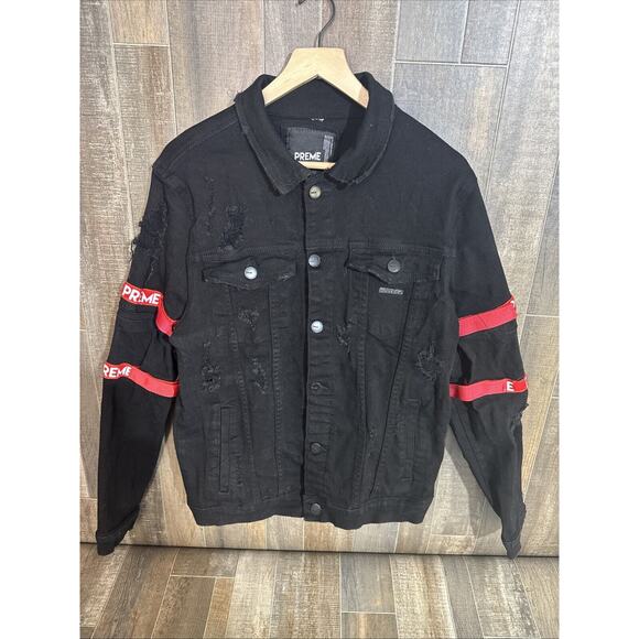 Preme‎ Black Jean Jacket Distressed Size Large - Picture 1 of 11